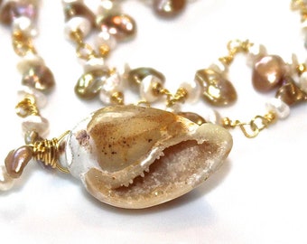 Shell Necklace Seashell Necklace Fossilized Druzy Shell Gold Wire Wrapped Pondslime Pearl Gemstone Shell Jewelry Spring Beach Jewelry