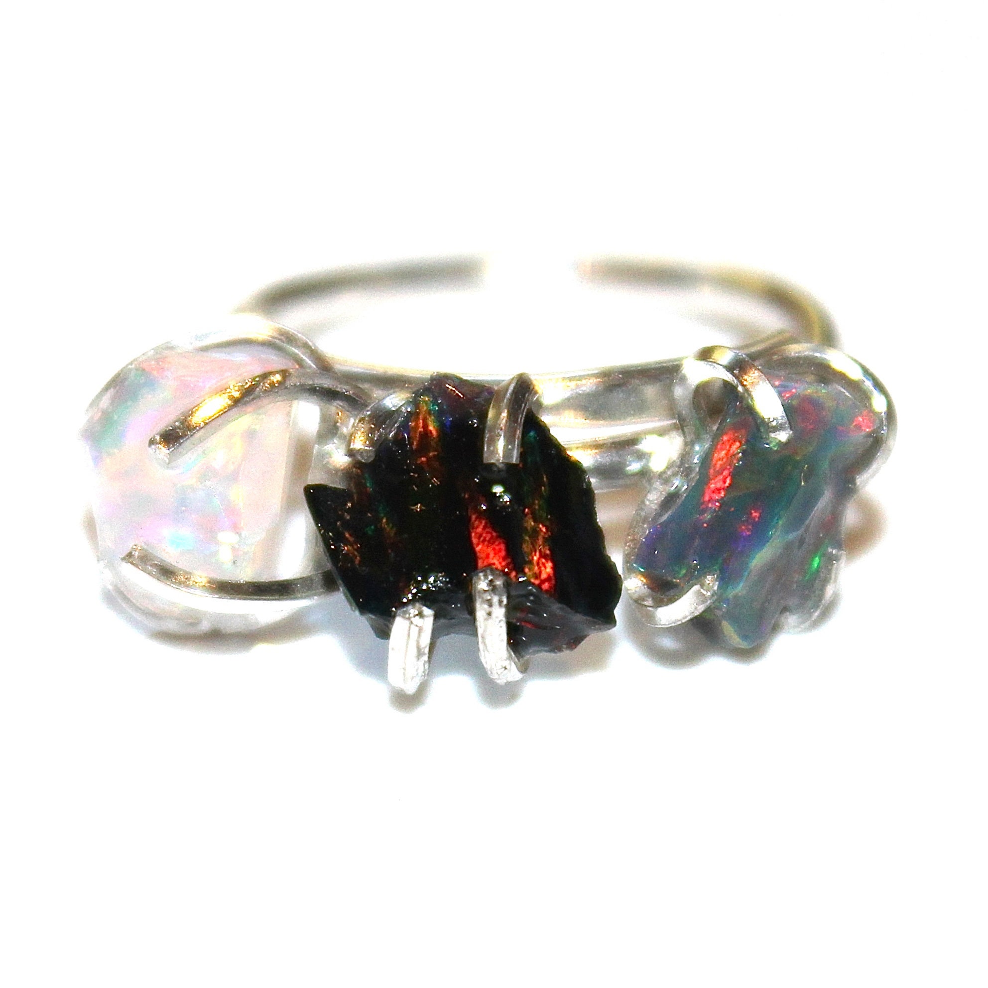 Raw Black Opal Ring Three Stone Ring Free Form Ring Black Opal