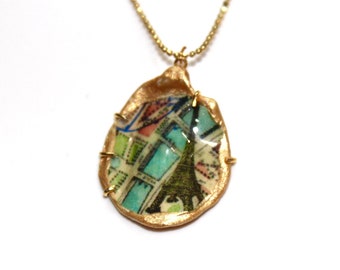 Oyster Shell Necklace, Decoupage Necklace, Paris Necklace, Vintage Map Necklace, Eiffel Tower, Oyster Necklace, Gift for Her, Shells