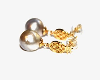 Natural Cream Grey Tahitian Pearl Earrings with Pineapple in Gold Vermeil