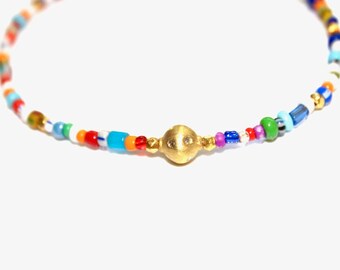 Multicolor Vintage Trade Bead with Diamond Ball Necklace Stacking Necklace Rainbow Necklace Trade Jewelry Beach Necklace Fun Trendy