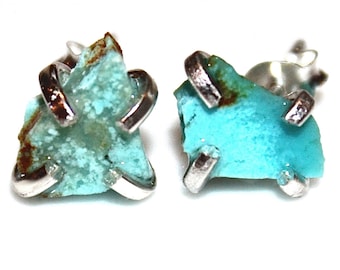 Raw Turquoise Stud Earring Silver Earring Arizona Turquoise Jewelry Free Form Mismatched Earring Turquoise Prong Set Earring Raw Gemstone