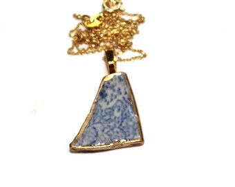 Pottery Necklace, China Necklace, Ceramic Necklace, Sea Pottery, Gift for Her, Gold Necklace, Bridesmaid, Metallic Necklace, Something Blue