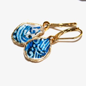 Oyster Shell Earrings, Decoupage Earrings, Blue Floral Earrings, Something Blue, Bridesmaids, Gift for Her, Gold Earring, Upcycled Earring image 6
