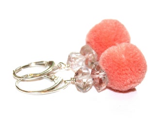 Peach Pompom Earring Teardrop Diamond Earring Fun Earring Silver Herkimer Quartz Earring Herkimer Earring Peach Earring Siver Quartz Earring