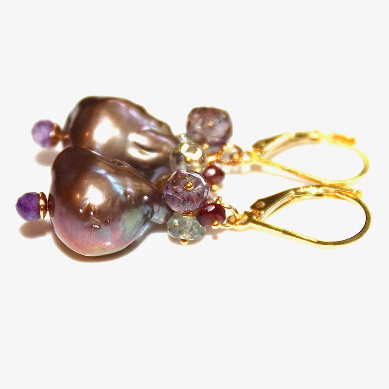 Purple Flameball Pearl Earrings Amethyst Earrings Baroque Pearl Spinel Earrings Big Pearl Earrings Cluster Earring Natural Pearl Pondslime image 9