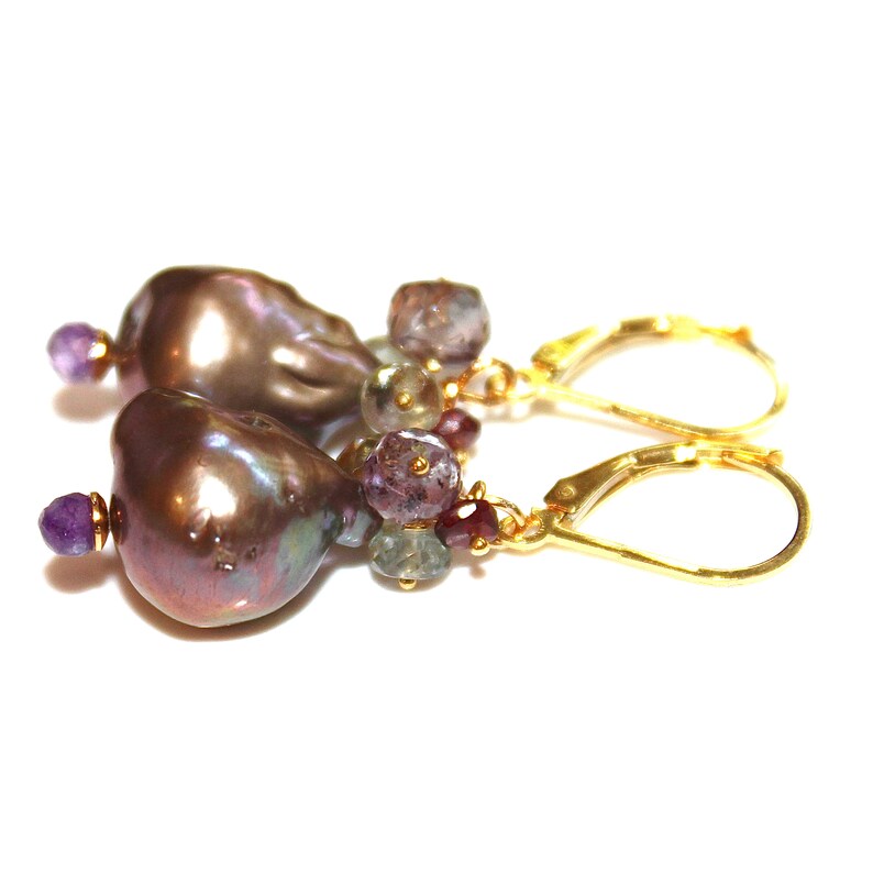 Purple Flameball Pearl Earrings Amethyst Earrings Baroque Pearl Spinel Earrings Big Pearl Earrings Cluster Earring Natural Pearl Pondslime image 3