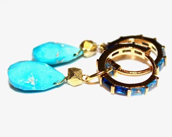 Sleeping Beauty Turquoise Earring Blue Hoop Earring Gold Turquoise Earring Beach Earring Turquoise Jewelry Something Blue Earring Flower