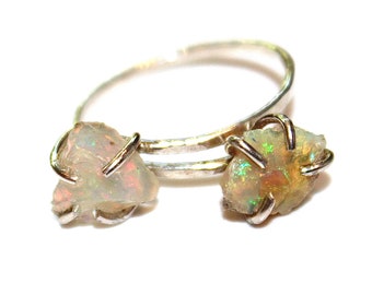 Double Raw Opal Ring Raw Stone Ring Ethiopian Opal Jewelry Raw Opal Ring Raw Welo Opal Jewelry Geometric Ring Raw Stone Jewelry Valentines