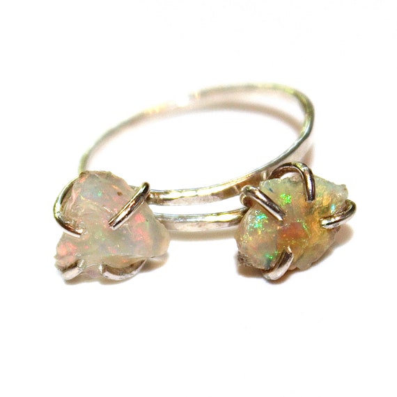 Double Raw Opal Ring Raw Stone Ring Ethiopian Opal Jewelry Raw Opal Ring Raw Welo Opal Jewelry Geometric Ring Raw Stone Jewelry Valentines