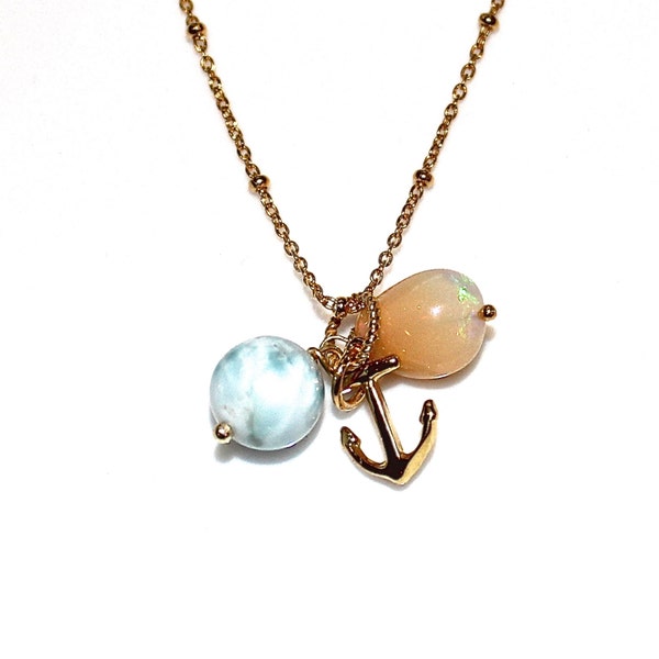 Beach Necklace Caribbean Larimar Necklace Larimar Jewelry Opal Necklace Anchor Necklace Opal Jewelry Refuse to Sink Beach Jewelry Nautical