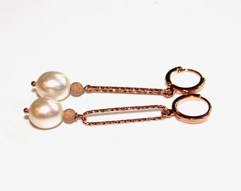 Cream Pearl Earring Pearl Bridal Earring Rose Gold Pearl Wedding Earring Paperclip Earring White Pearl Bridesmaid Rose Gold Earring