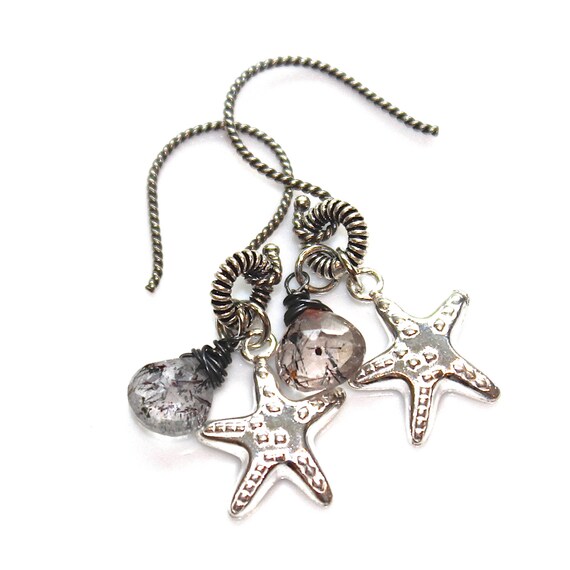 Silver Starfish Earrings Moss Amethyst Earrings Amethyst Jewelry Oxidized Silver Earrings Artisan Everyday Earrings