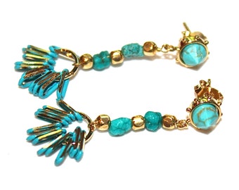 Mini Tassel Earrings Turquoise Earrings Tassel Jewelry Boho Earrings Gold Earrings Bohemian Earring Summer Earring Blue Earring FizzCandy