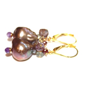 Purple Flameball Pearl Earrings Amethyst Earrings Baroque Pearl Spinel Earrings Big Pearl Earrings Cluster Earring Natural Pearl Pondslime image 2