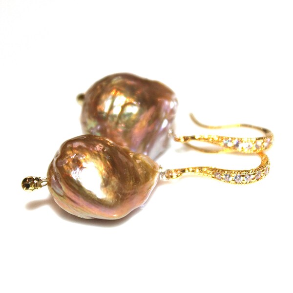Pondslime Pearl Earring Huge Pearl Jewelry Large Pearl Earring Baroque Pearl Cubic Zirconia Gold Vermeil Dangle Earring