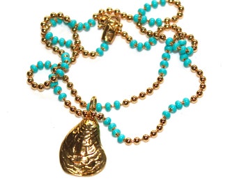 Oyster Charm Necklace Oyster Necklace Turquoise Necklace Beachy Necklace Stacking Necklace Charm Jewelry Beach Necklace Fun Trendy