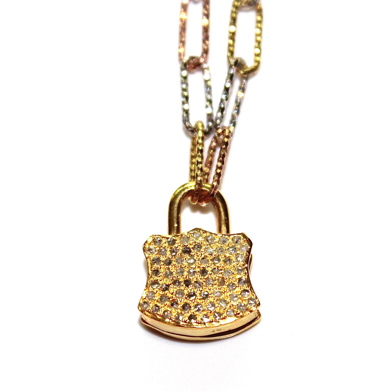 Yellow Gold Diamond Padlock Necklace With Tricolor Chain Etsy