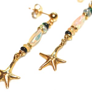 Starfish Earrings Opal Earrings Opal Jewelry October Birthstone Ethiopian Opal Gold Starfish Black Opal Earring Long Earrings Beach Earrings