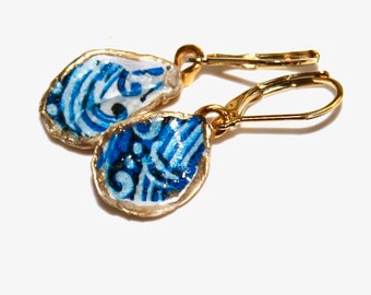 Oyster Shell Earrings, Decoupage Earrings, Blue Floral Earrings, Something Blue, Bridesmaids, Gift for Her, Gold Earring, Upcycled Earring