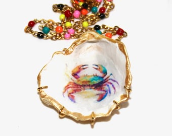 Oyster Shell Necklace, Orange, Decoupage Necklace, Shell Necklace, Blue Crab, Bridesmaids, Gift for Her, Beachy Necklace, Upcycled