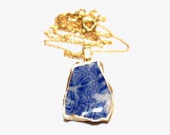 Pottery Necklace, China Necklace, Ceramic Necklace, Sea Pottery, Gift for Her, Gold Necklace, Bridesmaid, Metallic Necklace, Something Blue