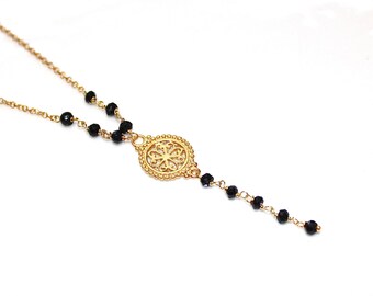 As Seen On TV Black Spinel Necklace Medallion Necklace Spinel Jewelry Medallion Jewelry Y Necklace Vermeil Necklace