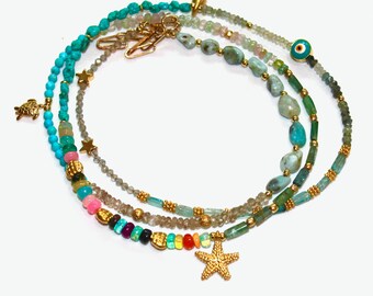 Lucky Charm Necklace Shell Necklace Multicolor Necklace Rainbow Necklace Stacking Necklace Charm Jewelry Turquoise Necklace Fun Trendy