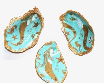 Oyster Shell Ring Dish, Decoupage Multicolor Jewelry Holder, Trinket Bowl Coastal Decor, Blue Wedding, Bridesmaid Hostess gifts, Mermaid