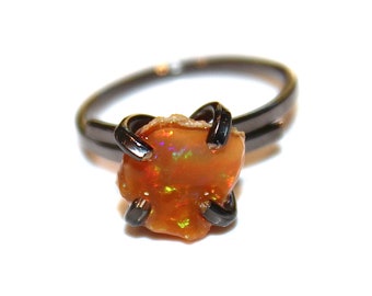 Tiny Dragons Egg Opal Rustic Opal Ring Natural Opal Jewelry Ethiopian Opal Orange Opal Raw Opal Black Gold Ring Adjustable Ring Brown Opal