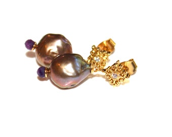 Purple Flameball Pearl Earrings Amethyst Earrings Baroque Pearl CZ Earrings Big Pearl Earring Natural Pearl Pondslime