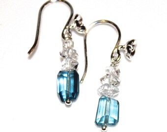 London Blue Topaz Earrings Herkimer Diamond Quartz Earrings Silver Flower Earrings Herkimer Jewelry December Birthstone Herkimer Earrings