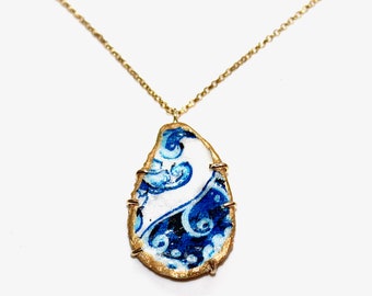 Oyster Shell Necklace, Decoupage Necklace, Chinoiserie Necklace, Something Blue, Bridesmaid gifts, Gift for Her