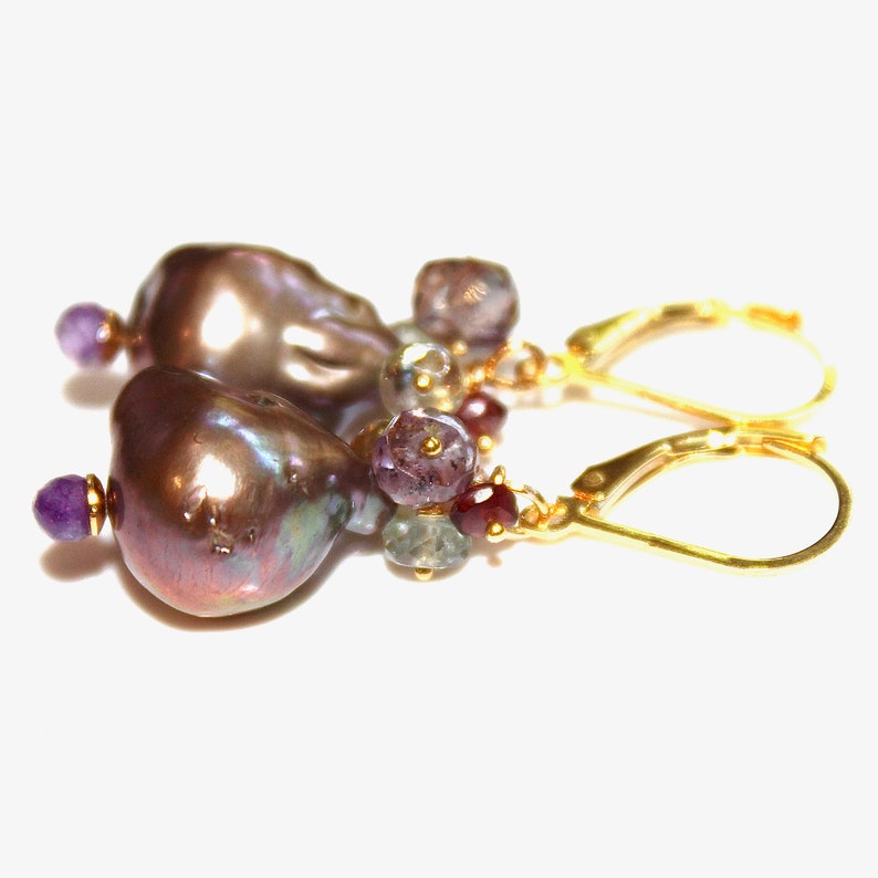 Purple Flameball Pearl Earrings Amethyst Earrings Baroque Pearl Spinel Earrings Big Pearl Earrings Cluster Earring Natural Pearl Pondslime image 6