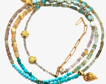 Lucky Charm Necklace Shell Necklace Multicolor Necklace Rainbow Necklace Stacking Necklace Charm Jewelry Turquoise Necklace Fun Trendy