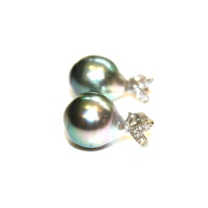 Natural Gray Tahitian Pearl Earrings with Cubic Zirconia Heart in Sterling Silver
