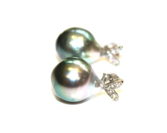 Natural Gray Tahitian Pearl Earrings with Cubic Zirconia Heart in Sterling Silver
