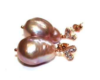 Natural Baroque Pearl Earrings Large Pearl Earrings Natural Pearl Stud Earrings Heart Earrings Rose Gold Earrings Pearl Jewelry FizzCandy