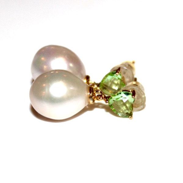 Pearl Drop Earring Classic Pearl Wedding Earring Peridot Earring Pearl Bridesmaid White Pearl Heart Green Earring Large Pearl Earring