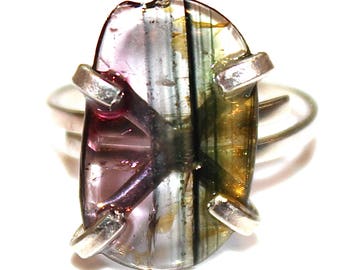 Striped Watermelon Tourmaline Ring Sterling Silver Ring Gift for Wife Watermelon Tourmaline Slice Tourmaline Jewelry Gift for Her