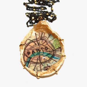 Collier de coquille d'huître, collier de découpage, collier de Paris, collier de carte vintage, collier de France, collier d'huître, cadeau pour elle, coquillages