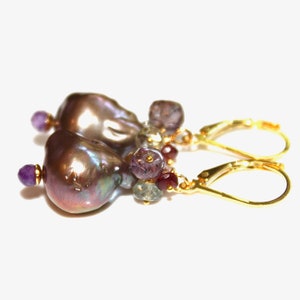 Purple Flameball Pearl Earrings Amethyst Earrings Baroque Pearl Spinel Earrings Big Pearl Earrings Cluster Earring Natural Pearl Pondslime image 7