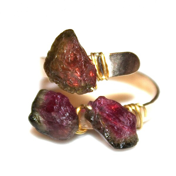 Rustic Watermelon Tourmaline Ring Tourmaline Ring Gold Adjustable Ring Watermelon Tourmaline Slice Ring Tourmaline Jewelry Delicate Ring