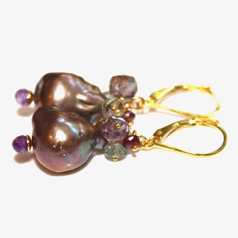 Purple Flameball Pearl Earrings Amethyst Earrings Baroque Pearl Spinel Earrings Big Pearl Earrings Cluster Earring Natural Pearl Pondslime image 4