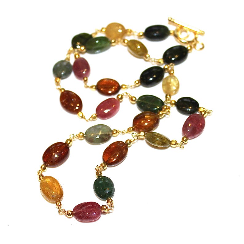 Watermelon Tourmaline Necklace Rainbow Tourmaline Smooth Oval Tourmaline Jewelry Multicolor Station Necklace FizzCandy Gift for Wife