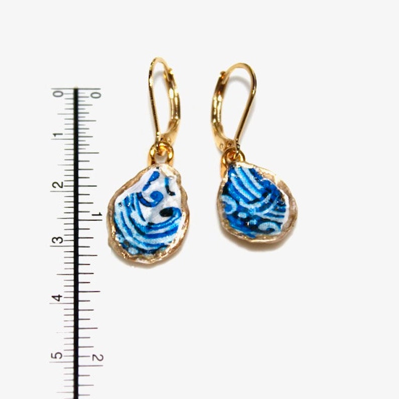 Oyster Shell Earrings, Decoupage Earrings, Blue Floral Earrings, Something Blue, Bridesmaids, Gift for Her, Gold Earring, Upcycled Earring image 2