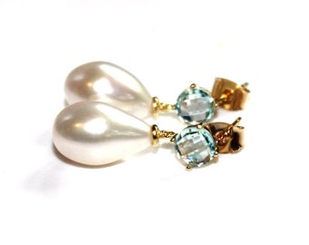 Pearl Drop Earring Classic Pearl Wedding Earring Aquamarine Earring Pearl Bridesmaid White Pearl Something Blue Earring Large Pearl Earring