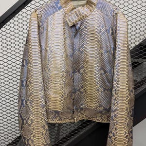 May include: A long-sleeved jacket featuring a textured snakeskin pattern in shades of iridescent blue, beige, and tan. The garment has a high collar with a snap closure, a front zip, and a structured fit with a smooth interior lining visible.