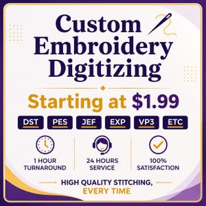 Puede incluir: Un anuncio gráfico cuadrado para servicios de digitalización de bordados personalizados. El texto dice Custom Embroidery Digitizing, Starting at $1.99, 1 Hour Turnaround, 24 Hours Service, 100% Satisfaction y High Quality Stitching, Every Time.