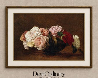 Vintage Rose Still Life Print, Moody Floral Wall Art, Dark Academia Decor (Digital Download)